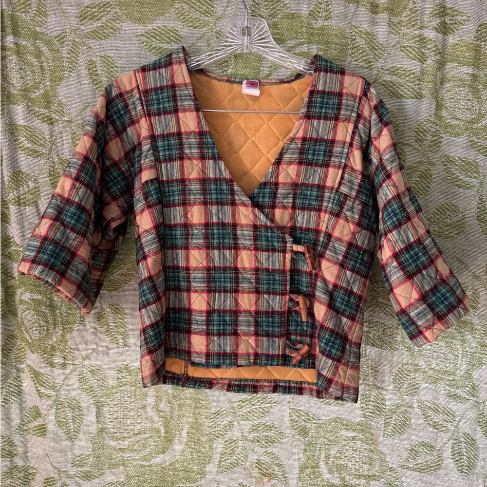 Quilted Plaid Wrap Jacket in tan & Green vintage